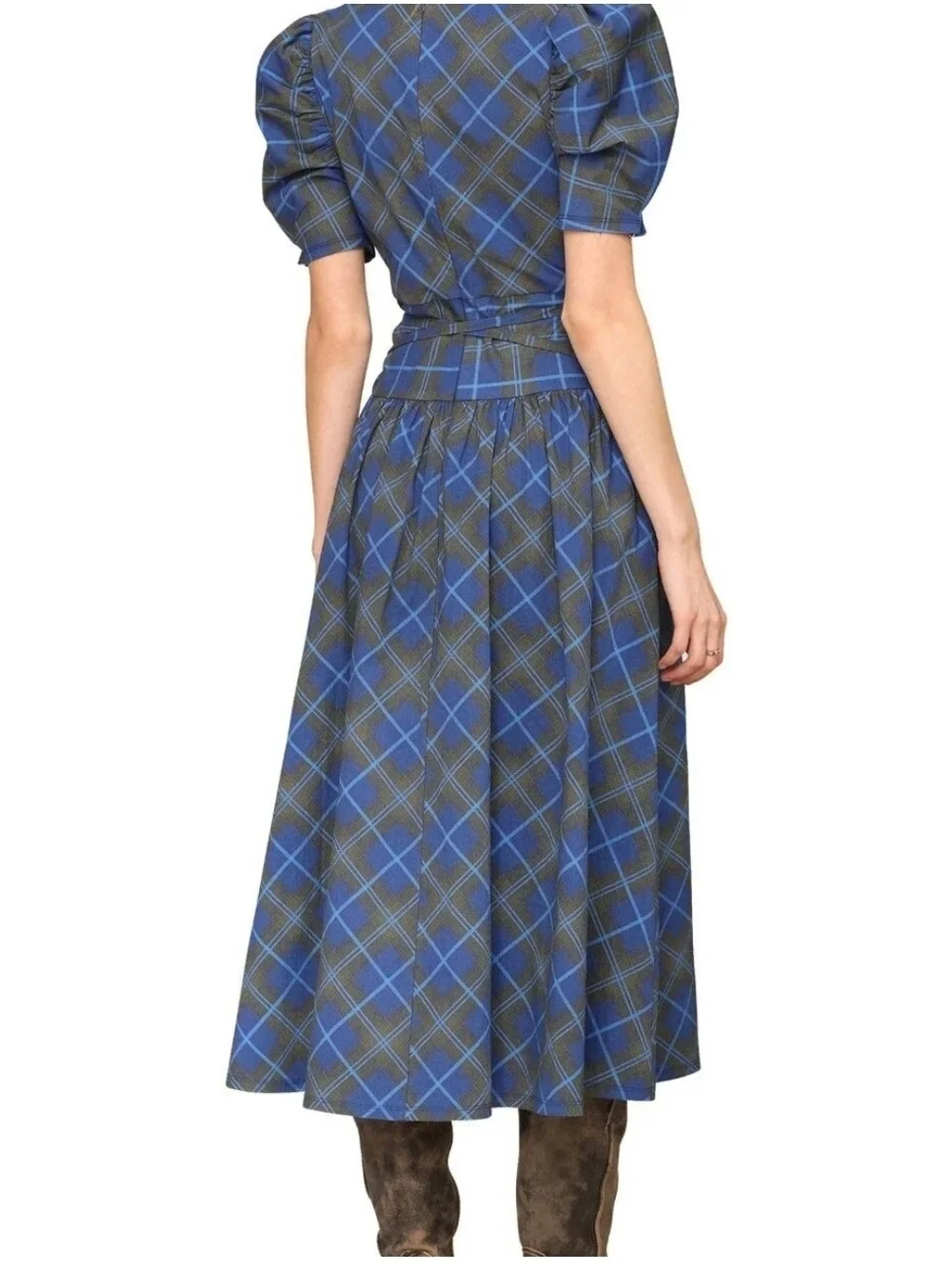 NWT Avec Les Filles Plaid Puff Sleeve Tie Belt Midi Dress - Size 12